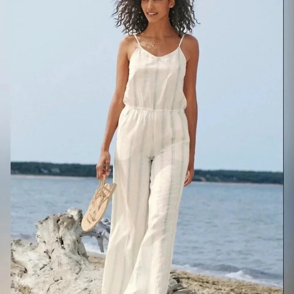 Garnet Hill White with Blue Stripe Organic Cotton Jumpsuit Size XL